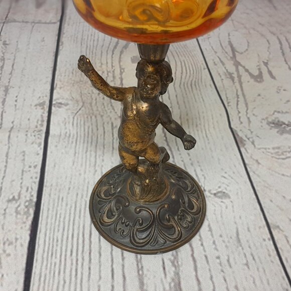 Putti Cherub Angel Votive Candle Holder Cast Metal Amber Glass Bowl 8" - Picture 7 of 13